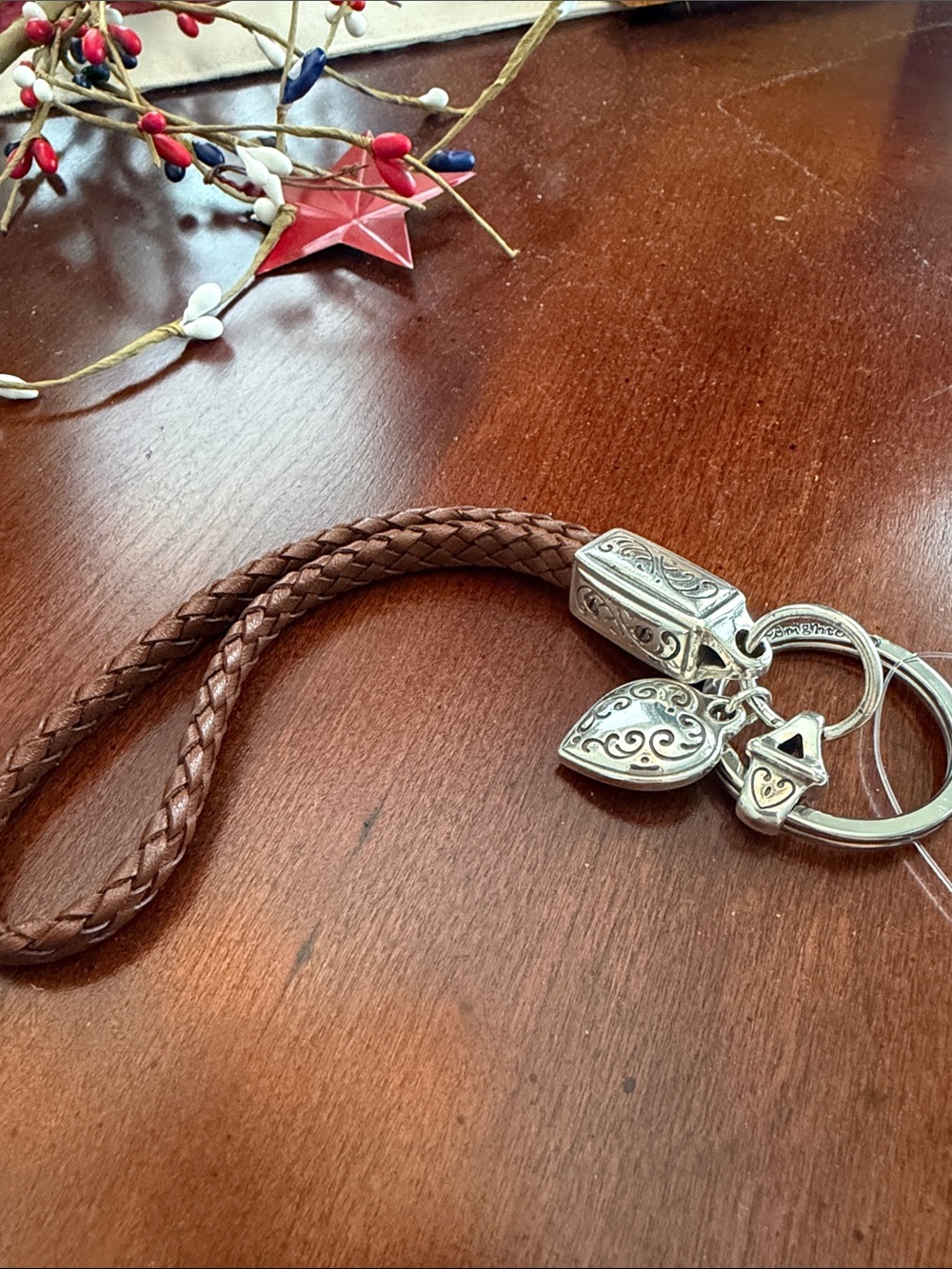 Brighton Brown Braided Leather Key Fob with Silver-Tone Charms, NWT, Retails $60